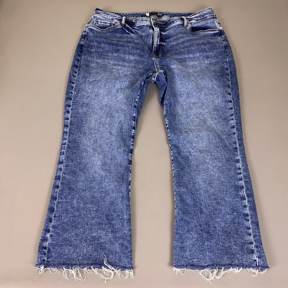 KUT from the Kloth Kelsey Fab Ab Ankle Flare Jeans 18W Blue Acid Wash Frayed Hem